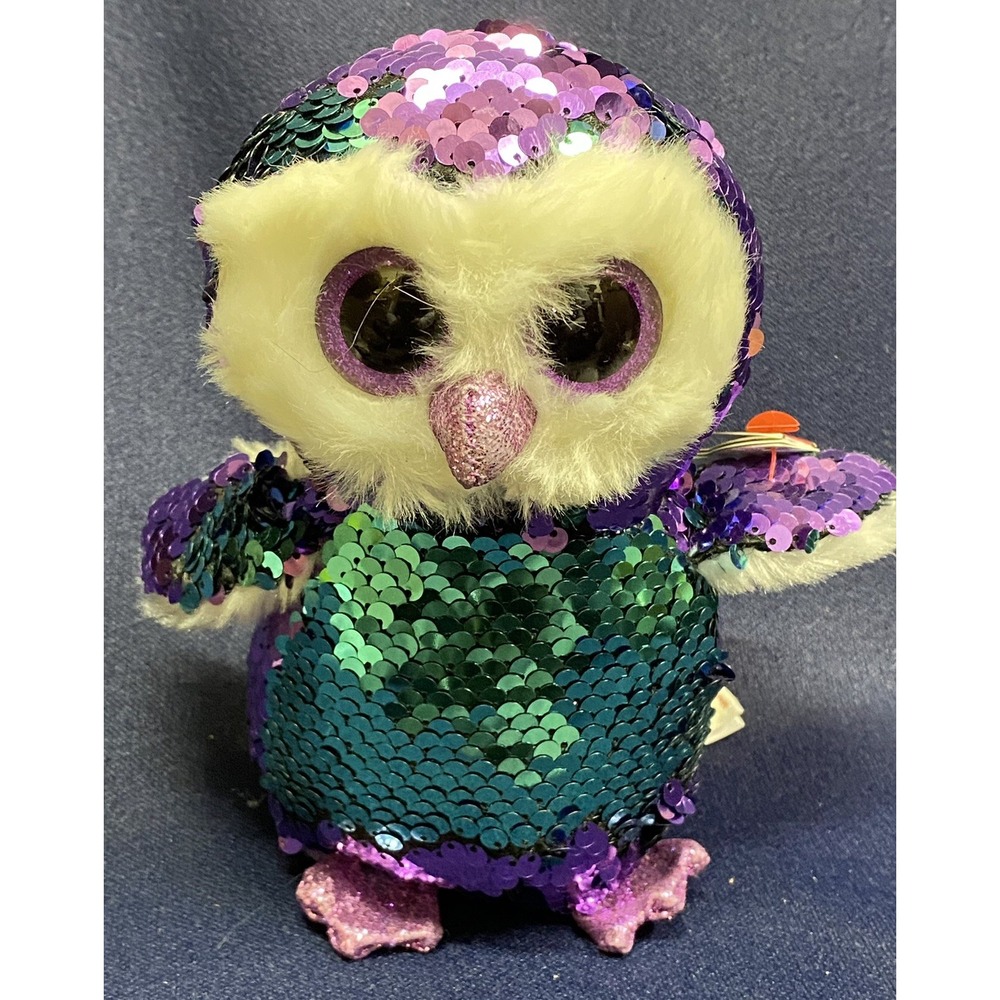 Ty Beanie Boo Flippables Flippable Sequin Moonlight Owl Purple Blue 6"